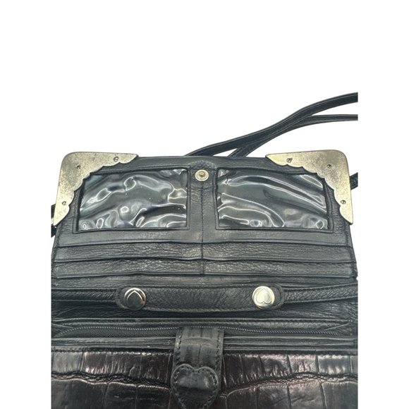 VTG Brighton Convertible Crossbody Clutch Purse Wallet Trifold Black Embossed - Picture 3 of 7